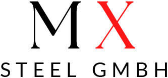 MX Steel Logo, schwarzes M rotes X, darunter steht Steel GmbH